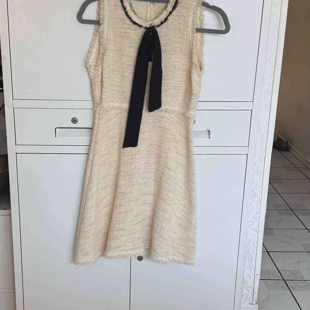 Zara Cream Textured Dress with Black Tie